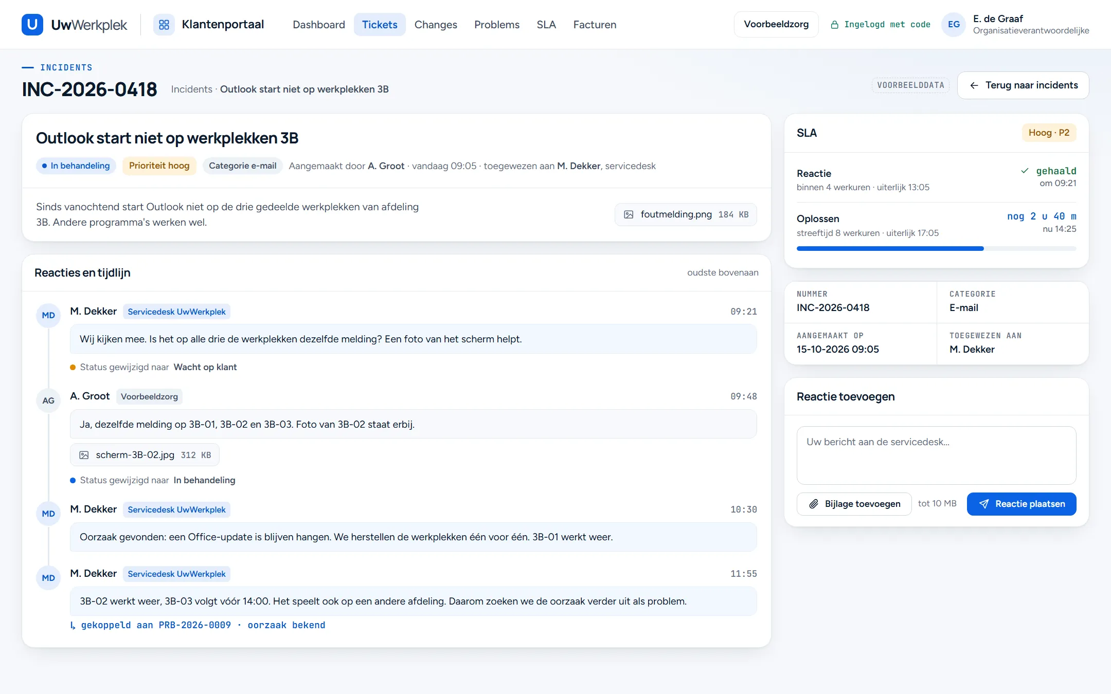 Voorbeeldscherm van incident INC-2026-0418, Outlook start niet op werkplekken 3B, met status in behandeling, prioriteit hoog en categorie e-mail. Links de beschrijving met een bijlage en de tijdlijn met reacties van de servicedesk en de klant, statuswijzigingen en een koppeling aan een problem. Rechts de SLA met reactie gehaald en nog twee uur en veertig minuten om op te lossen, de gegevens van de melding en een veld om te reageren met een bijlage.