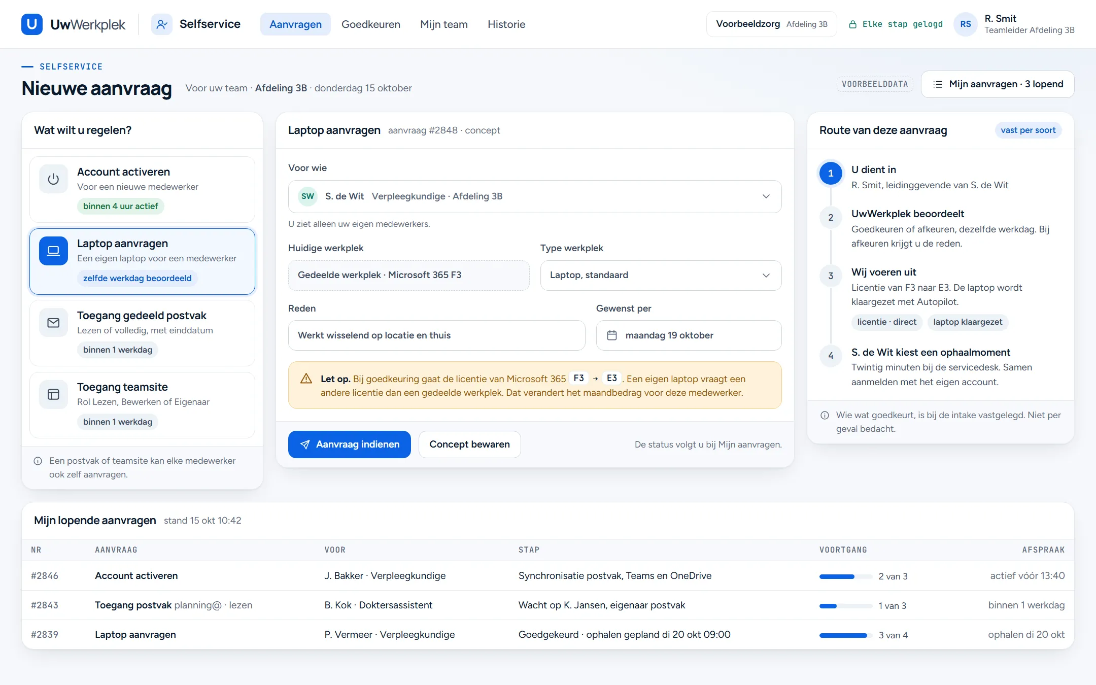 Voorbeeldscherm Nieuwe aanvraag in Selfservice: links vier soorten aanvragen, in het midden het formulier voor een laptop met de melding dat de licentie van F3 naar E3 gaat, rechts de vaste route van de aanvraag.
