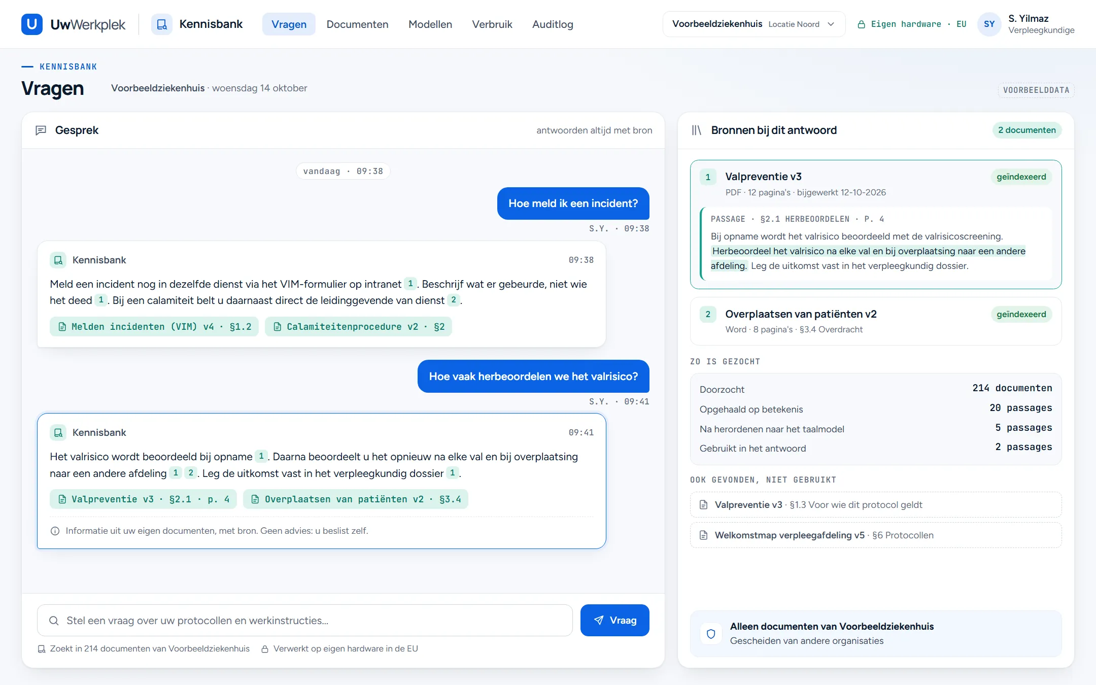 Voorbeeldscherm van de Kennisbank. Een verpleegkundige stelt twee vragen, over het melden van een incident en over het herbeoordelen van het valrisico. Elk antwoord verwijst naar document en paragraaf. Rechts staat de passage uit het protocol Valpreventie.