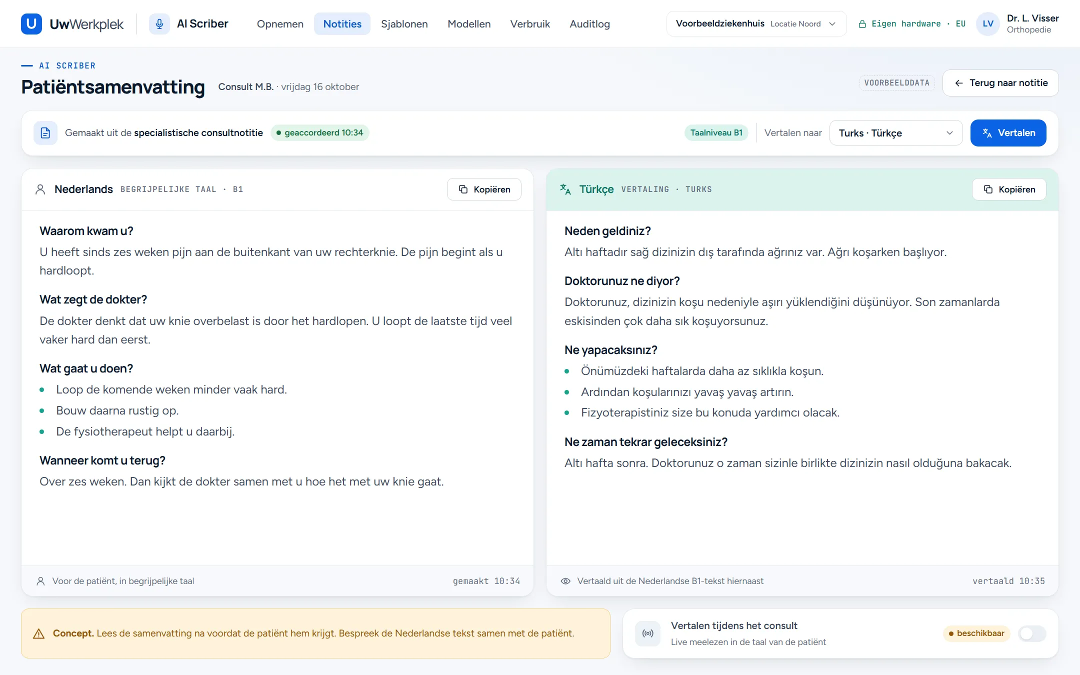 Patiëntsamenvatting in AI Scriber. Bovenaan: gemaakt uit de geaccordeerde consultnotitie, taalniveau B1, vertalen naar Turks. Links de Nederlandse tekst in begrijpelijke taal met de kopjes waarom kwam u, wat zegt de dokter, wat gaat u doen en wanneer komt u terug. Rechts dezelfde tekst in het Turks. Onderaan de melding dat het een concept is en een uitgeschakelde optie voor vertalen tijdens het consult.